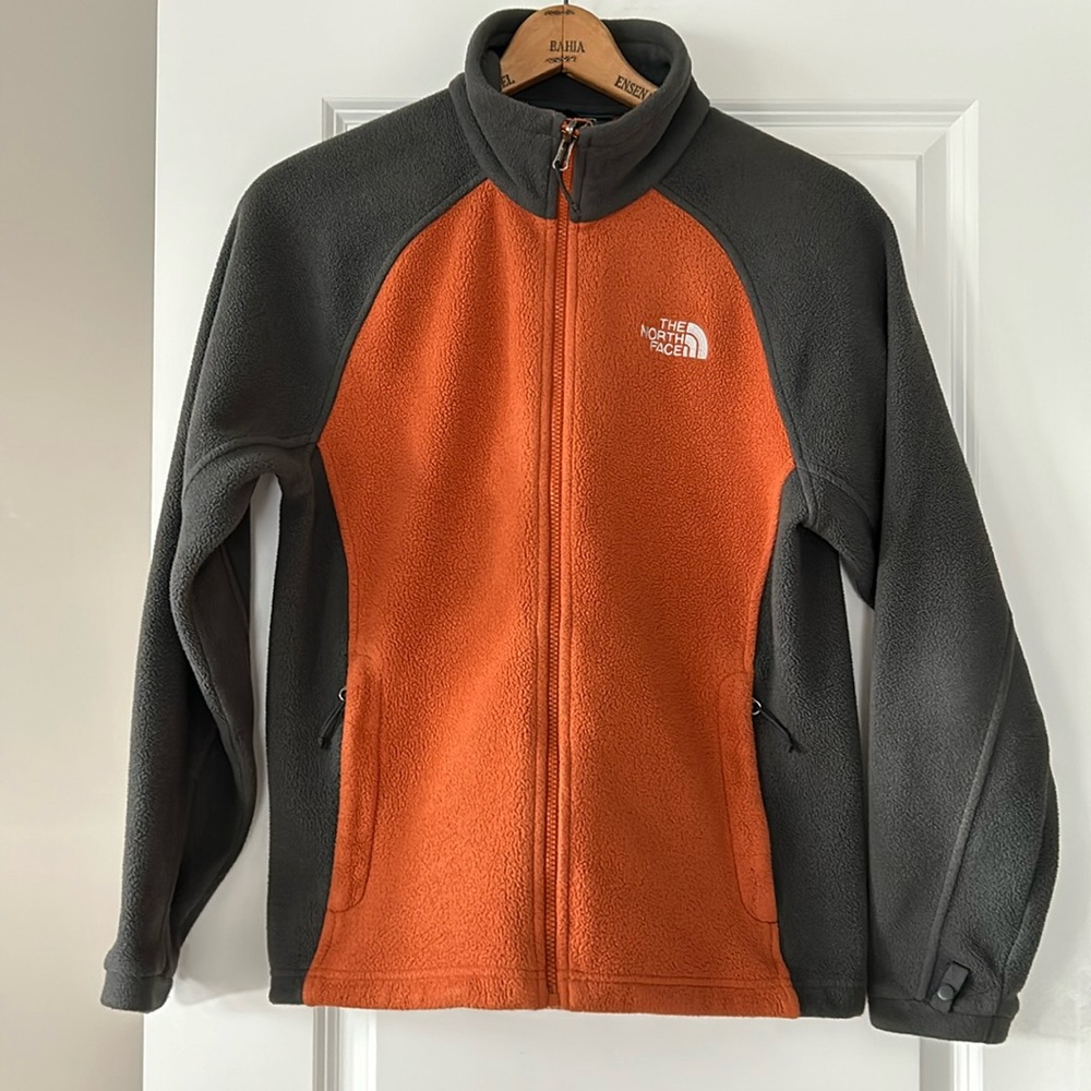 The North Face Color Block Orange & Grey Full Zip Fleece Jacket w Zipper Pockets